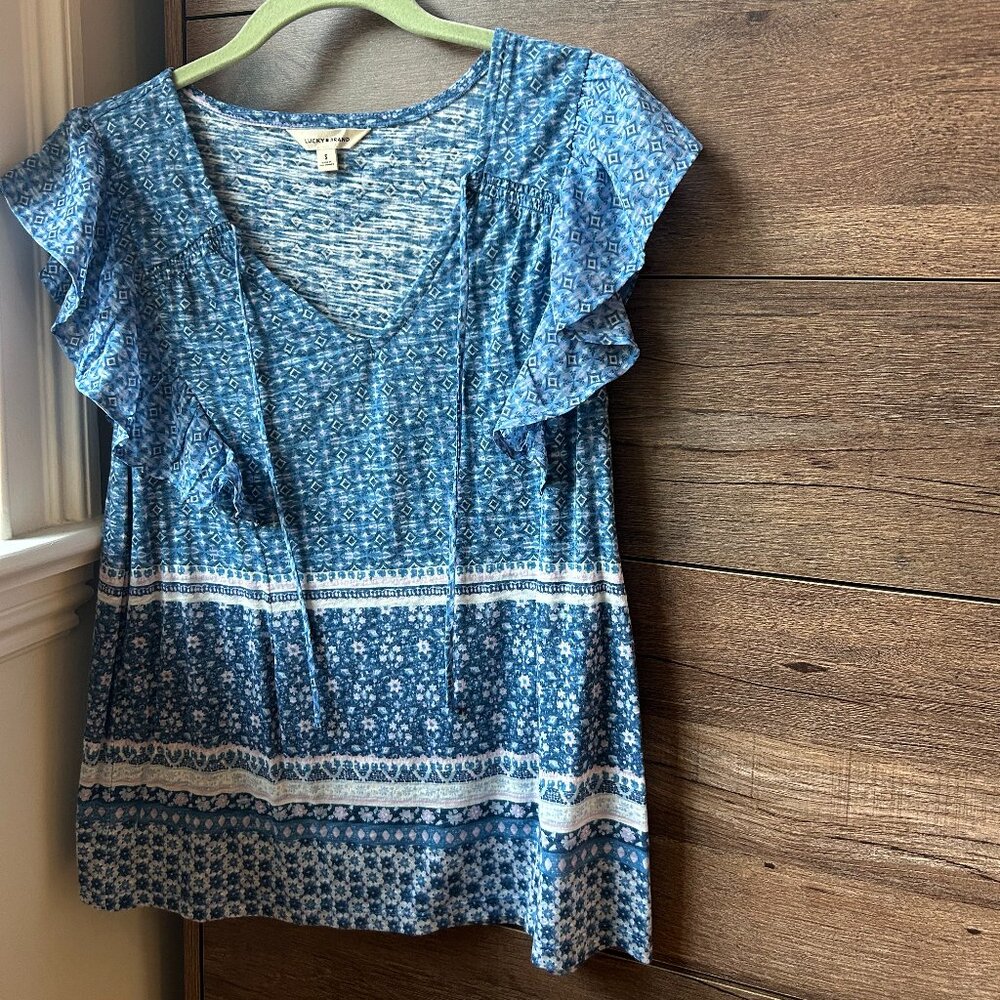 Lucky Brand Blue Boho Print Ruffle Sleeve Blouse – Size Small